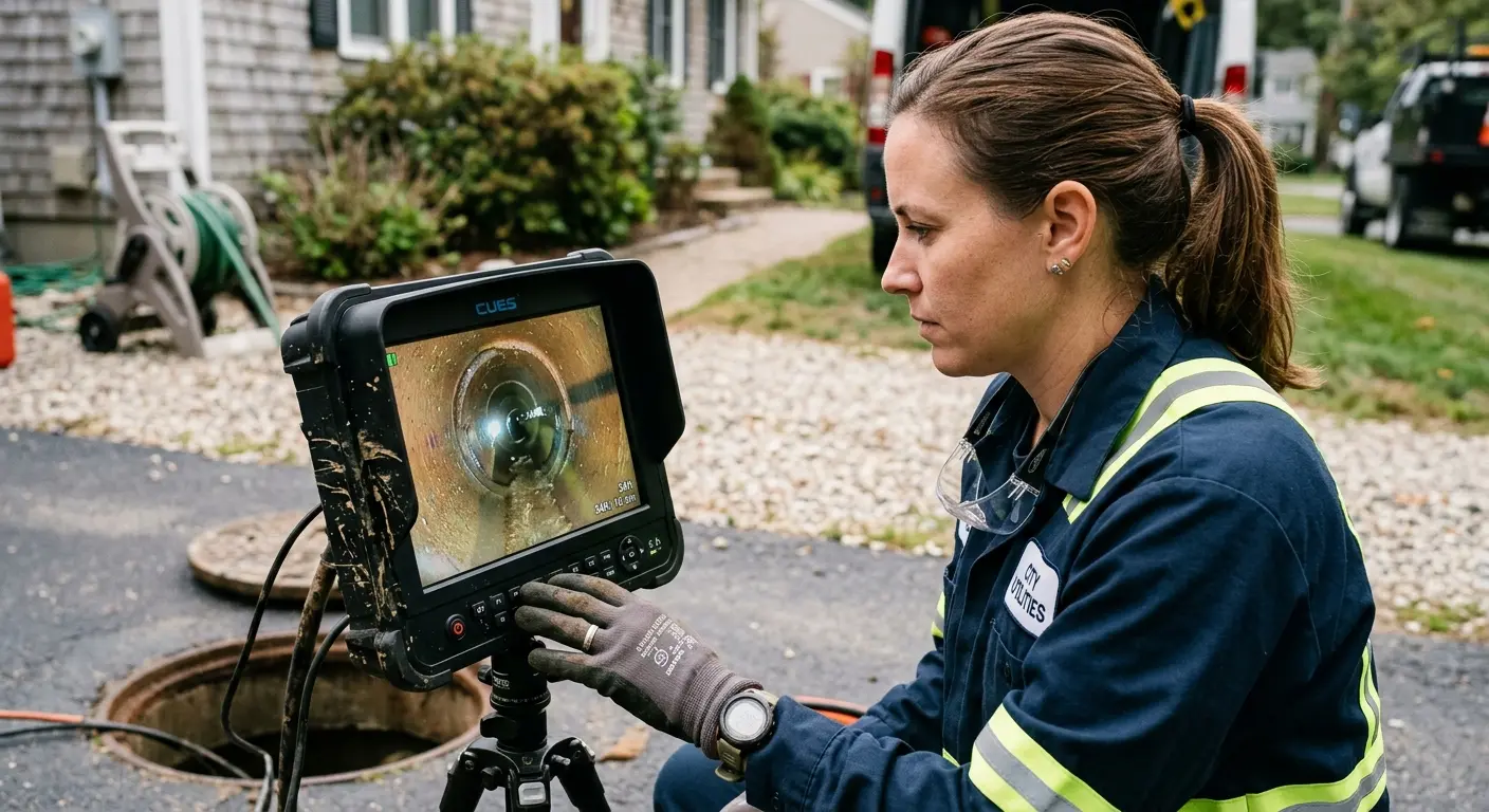 Technician reviewing sewer camera inspection footage in San Buenaventura (Ventura)