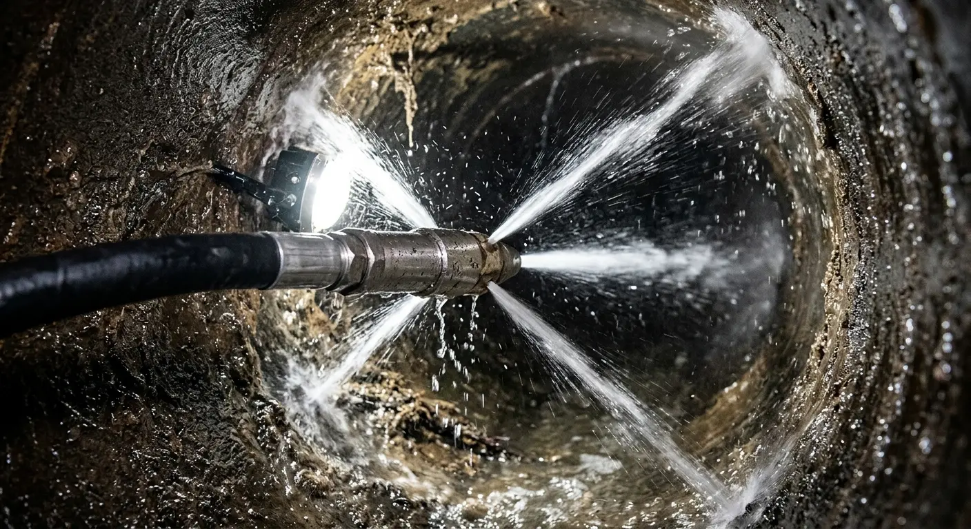High-pressure hydro jetting nozzle cleaning sewer pipe for Emergency Drain Service in San Buenaventura (Ventura)