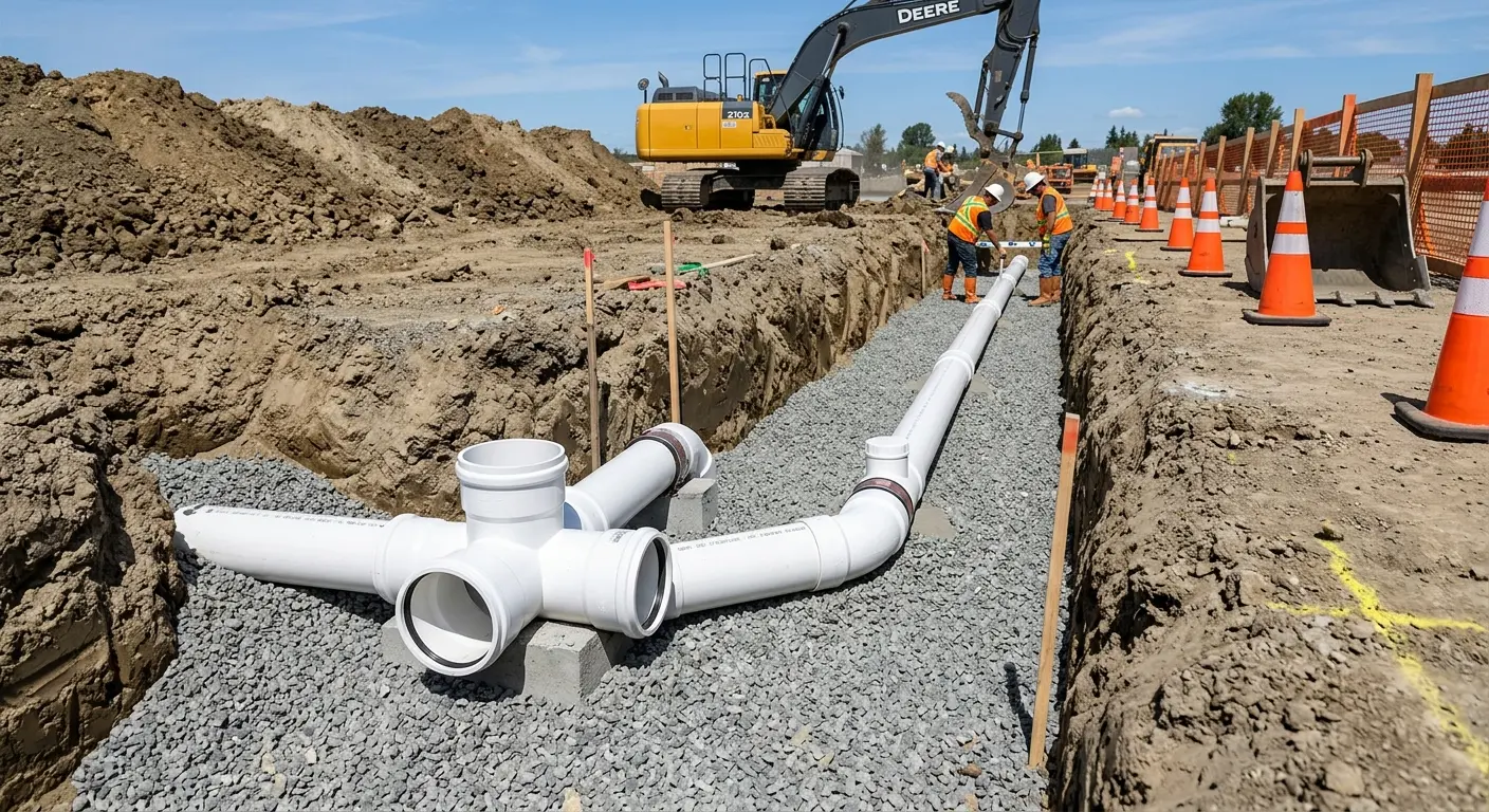 New PVC sewer pipe installation in open trench for Commercial Drain Cleaning in San Buenaventura (Ventura)