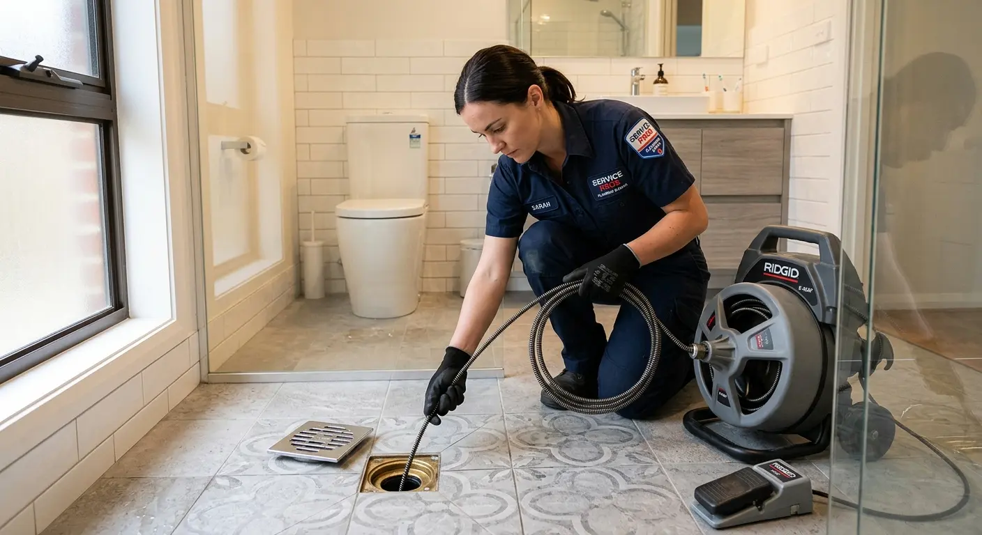 Technician clearing a bathroom floor drain for Drain Repair in San Buenaventura (Ventura)